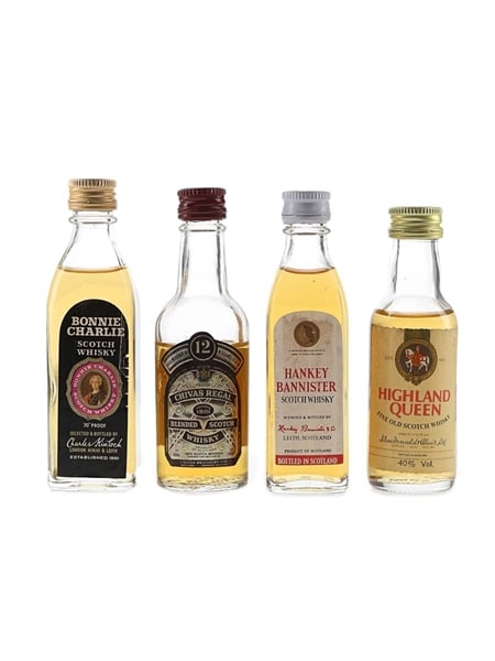 Bonnie Charlie, Chivas Regal 12 Year Old, Hankey Bannister & Highland Queen Bottled 1970s-1980s 4 x 5cl