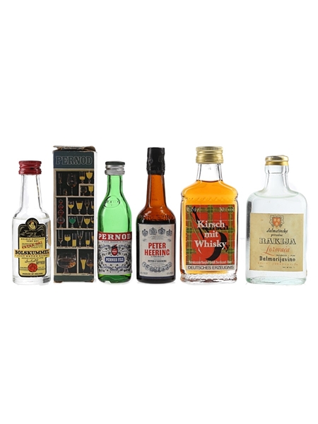 Bolskummel, Kirsch Mit Whisky, Rakija Lozovaca, Peter Heering & Pernod Fills Bottled 1970s-1980s 5 x 2.8cl-5cl