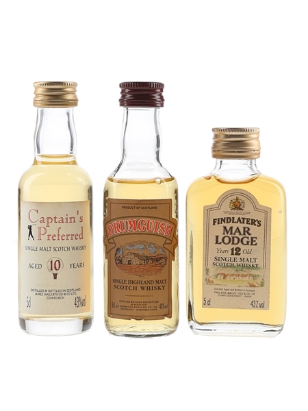 Captain's Preferred 10 Year Old, Drumguish & Findlater's Mar Lodge 12 Year Old Bottled 1980s 3 x 5cl