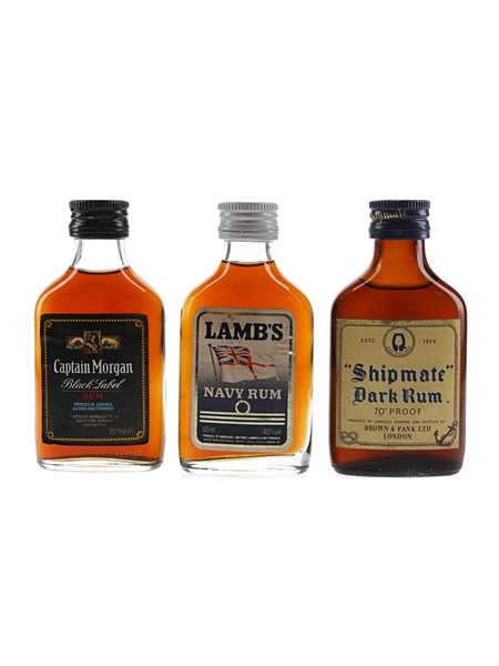 Captain Morgan Black Label, Lamb's & 'Shipmate' Dark Rum Bottled 1970s-1980s 3 x 5cl / 40%