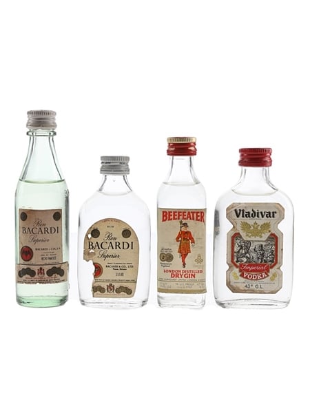 Bacardi Superior, Beefeater & Vladivar Bottled 1970s-1980s 4 x 4.7cl-5cl