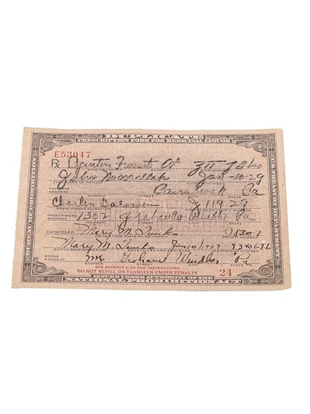 Prohibition Medicinal Liquor Prescription, Dated 1929  