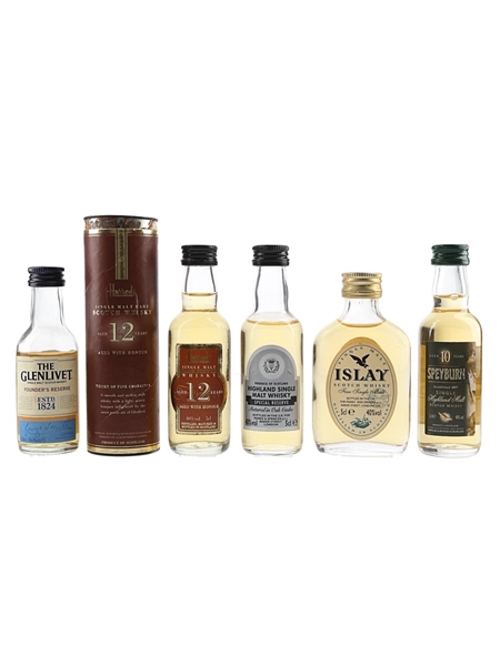 Glenlivet Founder's Reserve, Highland Single Malt, Islay Single Malt, Harrods 12 Year Old & Speyburn 10 Year Old Bottled 1980s-1990s 5 x 5cl / 40%