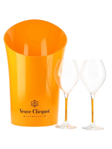 Veuve Clicquot Ice Bucket & Two Veuve Clicquot Glasses 3 x 21cm-38cm Tall