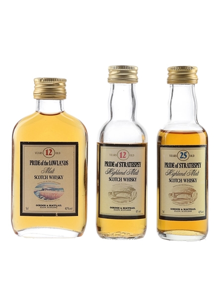 Pride Of Lowlands 12 Year Old & Pride Of Strathspey 12 & 25 Year Old Bottled 1980s-1990s - Gordon & MacPhail 3 x 5cl / 40%