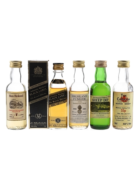 Assorted Blended Scotch Whisky Ben Roland, Johnnie Walker Black Label 12, Highland Fusilier, Tax Collector & Sheep Dip 5 x 5cl / 40%