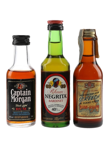 Captain Morgan Black Label, Rhum Negrita & Newfoundland Screech Bottled 1970s-1980s 3 x 5cl / 40%