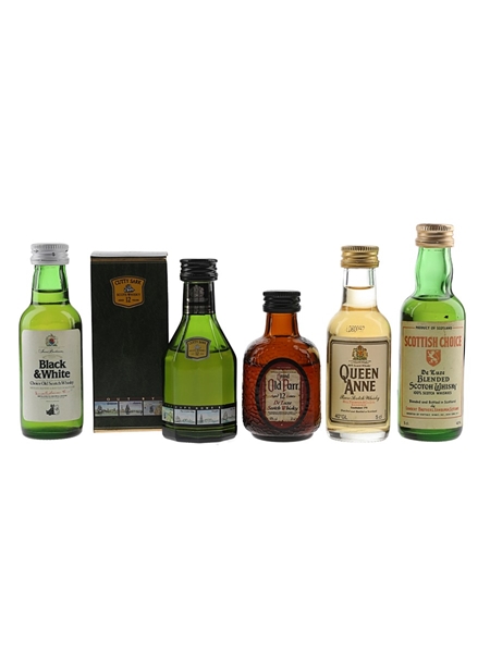 Black & White, Cutty Sark 12 Year Old, Grand Old Parr 12 Year Old, Scottish Choice & Queen Anne Bottled 1980s-1990s 5 x 5cl