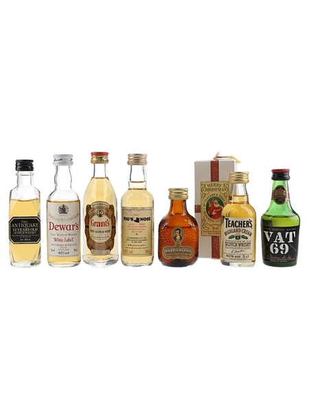 Pig's Nose, Dewar's White Label, Teacher's, Antiquary 12 Year Old, Grant's, Robbie Burns & Vat 69 Bottled 1970s-1980s 7 x 5cl / 40%