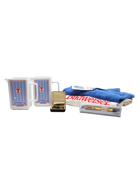 Selection of Lager Memorabilia T-Shirts, Jugs, Pen, Cufflinks Various sizes