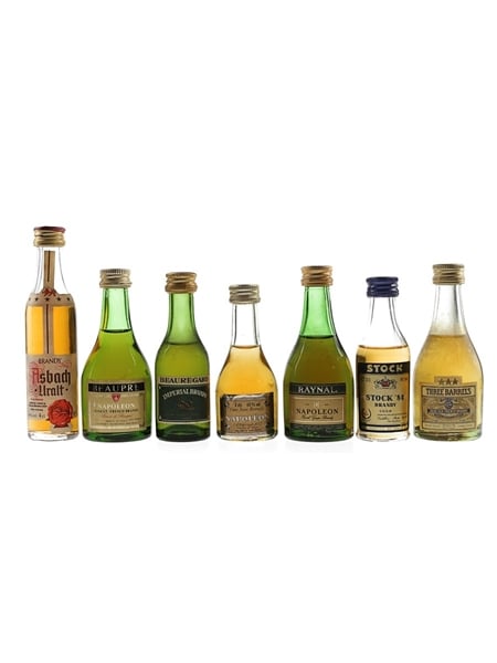 Assorted Brandy Asbach Uralt, Beaupre Napoleon, Beauregard Imperial, Napoleon, Raynal, Stock 84 & Three Barrels 3 Star 7 x 3cl-5cl / 40%