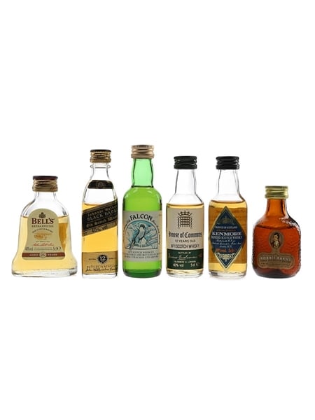 Bell's 8, Falcon, House Of Commons 12, Johnnie Walker Black Label 12, Kenmore & Robbie Burns Bottled 1980s-1990s 6 x 5cl / 40%