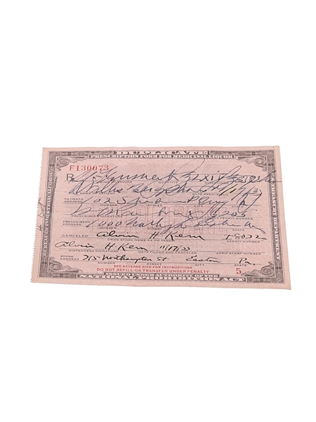 Prohibition Medicinal Liquor Prescription, Dated 1933  