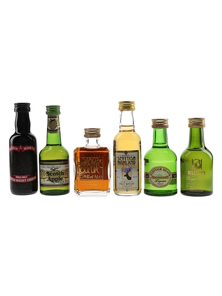 Cock Of The North, Scottish Liqueur, Scotch Apple, Scottish Highland, Stagg Breath Liqueur & Wallace Whisky Liqueur Bottled 1980s-1990s 6 x 5cl