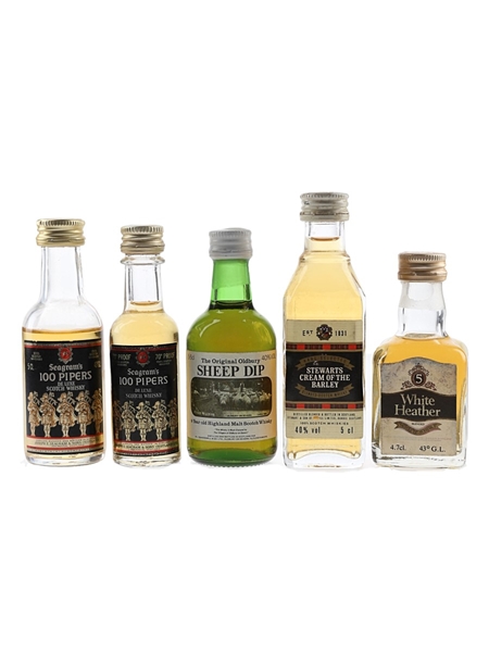 Stewarts Cream Of The Barley, Seagram's 100 Pipers, Sheep Dip & White Heather Bottled 1970s-1980s 5 x 5cl-5.6cl