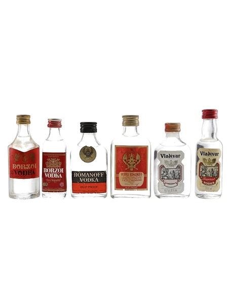 Borzoi, Romanoff & Vladivar Vodka Bottled 1970s-1980s 6 x 5cl / 37.5%