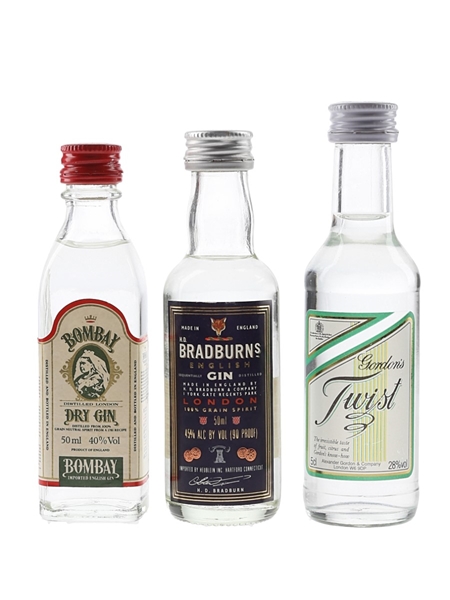 Bombay Dry Gin, Bradburns English Gin & Gordon's Twist Bottled 1980s-1990s 3 x 5cl