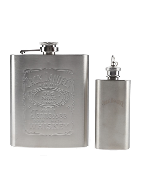 Jack Daniel's Branded Hip Flasks 7 Fluid Ounces & 2 Fluid Ounces 13cm x 9.5cm & 9.5cm x 4cm (keyring)