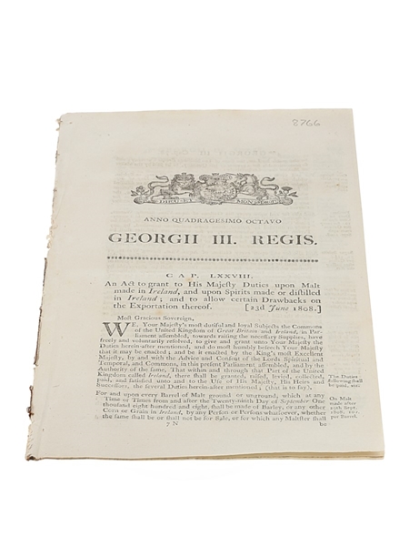 An Act to grant to His Majesty Duties on Malt made...and distilled in Ireland; and to allow certain Drawbacks on the Exportation thereof 1808 King George III 