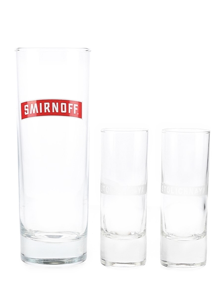 Stolichnaya Shot Glasses & Smirnoff Highball  10cm-16cm Tall