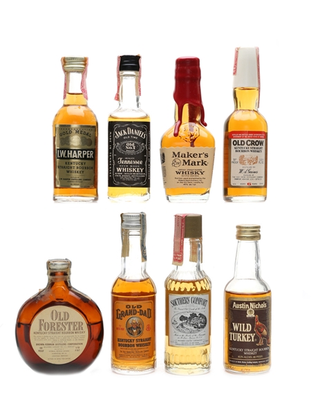 American Whiskey Miniatures Old Forester 1947, Jack Daniel's, Old Crow, Maker's Mark, Old Grand Dad, Southern Comfort, Wild Turkey, I W Harper 8 x 5cl