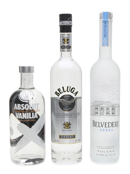 Beluga Vodka, Belvedere Vodka & Absolut Vanilla Vodka  3 x 70cl / 40%