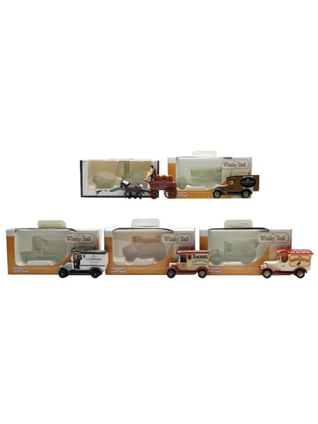 The Whisky Trail Vans Glengoyne Model A Ford Van, Teacher's Ford Model T Van, Famous Grouse Bull Nose Morris Van, Laphroaig Renault Van & Cardhu Horse Drawn Dray 4 x 7.5cm x 4.5cm & 1 x 9.5cm x 5.5cm