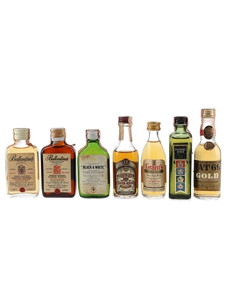 Ballantine's, Black & White, Chivas Regal 12, Grant's Stand Fast, Passport Scotch & Vat 69 Gold Bottled 1960s-1970s 7 x 4.7cl