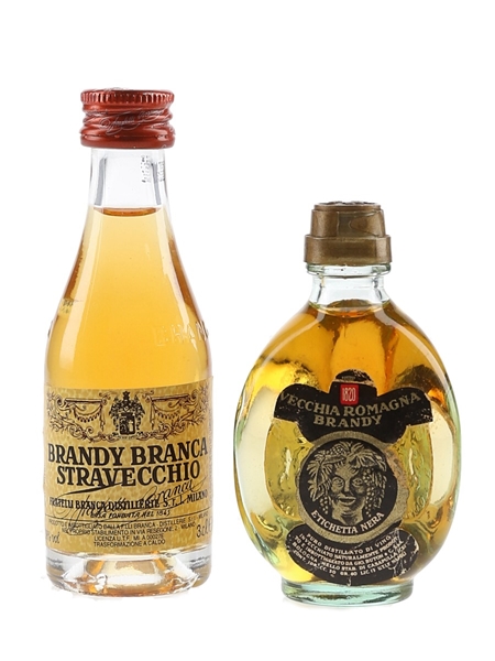 Stravecchio Branca & Vecchia Romagna Brandy Bottled 1980s 2 x 3cl