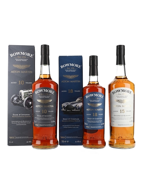 Bowmore 10, 15 & 18 Year Old Aston Martin 3 x 70cl-100cl