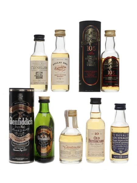 Single Malt Miniatures With Branded Glasses Glenkinchie, Royal Lochnagar, Old Fettercairn, Clynelish, Glenfiddich, Glenfarclas, Dallas Dhu 7 x 5cl