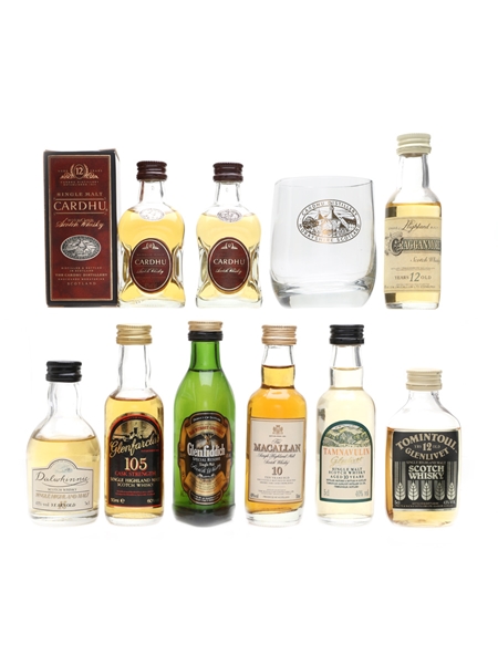 Speyside Single Malt Miniatures Macallan, Glenfarclas, Tomintoul, Tamnavulin, Dalwhinnie, Glenfiddich, Cragganmore, Cardhu, 9 x 5cl