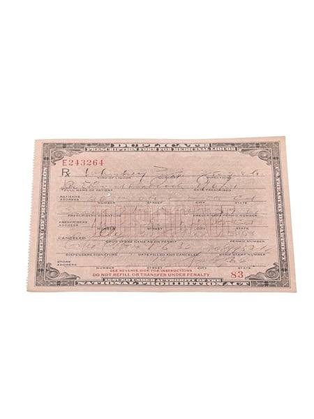 Prohibition Medicinal Liquor Prescription, Dated 1931  