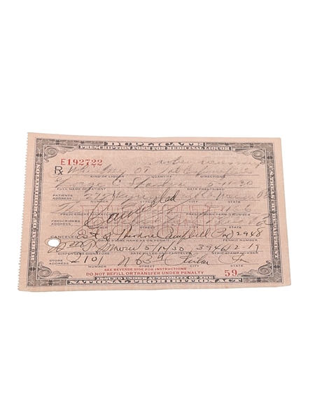 Prohibition Medicinal Liquor Prescription, Dated 1930  