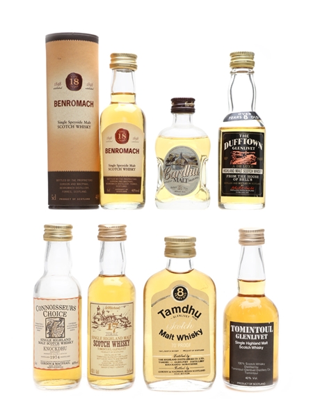 Speyside Single Malt Miniatures Knockdhu 1974, Tomintoul, Cardhu, Tamdhu, Benromach 7 x 5cl / 40%