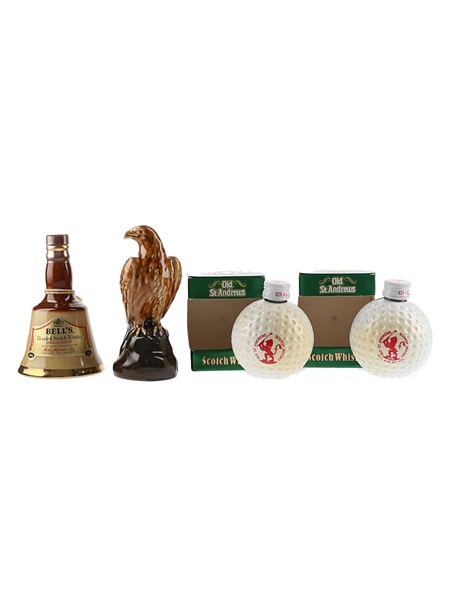 Bell's Ceramic Decanter, Beneagles Eagle Ceramic Decanter & Old St Andrews Golf Ball  4 x 5cl