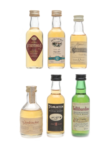 Assorted Single Malt Miniatures Bowmore, Cragganmore, Tullibardine, Tomatin, Auchentoshan, Glenkinchie 6 x 5cl