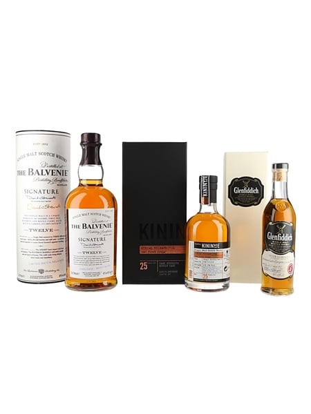 Balvenie 12 Year Old Signature Batch #1, Kininvie 25 Year Old Cask Strength & Glenfiddich 1987 & 1976 Peter Gordon Distillery Exclusive 70cl, 20cl & 20cl