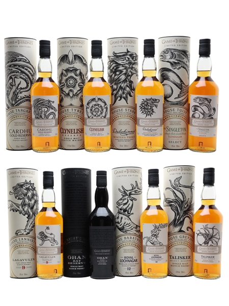 Game Of Thrones Whiskies Set Cardhu, Clynelish, Dalwhinnie, Glendullan, Lagavulin, Oban, Royal Lochnagar & Talisker 8 x 70cl