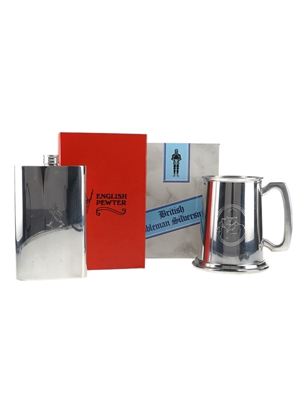 British Nobleman Pewterware Tankard & English Pewter Hip Flask Stainless Steel 15cm x 8.5cm