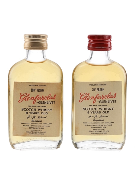 Glenfarclas Glenlivet 8 Year Old 70 Proof &  100 Proof Bottled 1960s-1970s - Grant Bonding Co. 2 x 5cl