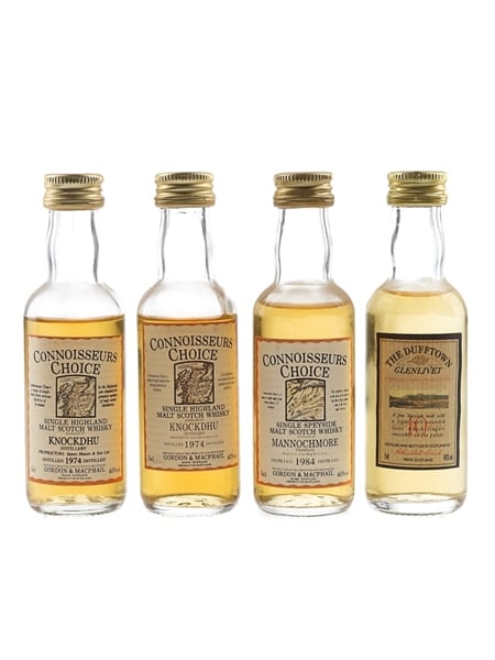 Dufftown Glenlivet 10 Year Old, Knockdhu 1974 & Mannochmore 1984 Connoisseurs Choice Bottled 1980s-1990s 4 x 5cl / 40%