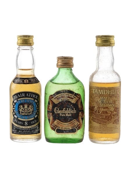 Blair Athol 8 Year Old, Glenfiddich Pure Malt & Tamdhu 8 Year Old Bottled 1970s 3 x 4.7cl-5cl / 40%