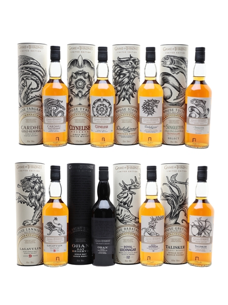 Game Of Thrones Whiskies Set Cardhu, Clynelish, Dalwhinnie, Glendullan, Lagavulin, Oban, Royal Lochnagar & Talisker 8 x 70cl