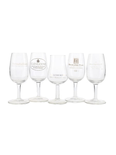 Assorted Whisky Nosing Glasses Bunnahabhain, Macallan, Glengoyne, Highland Park, Glenmorangie 13cm - 13.5cm Tall