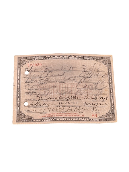 Prohibition Medicinal Liquor Prescription, Dated 1928  