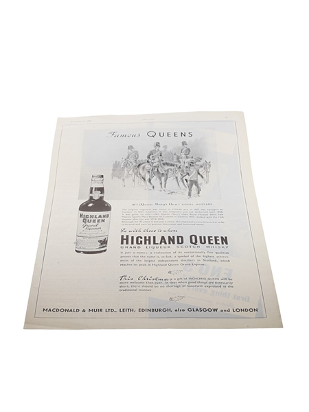 Highland Queen Whisky Advertising Print 20 November 1940 - Famous Queens 25cm x 37cm