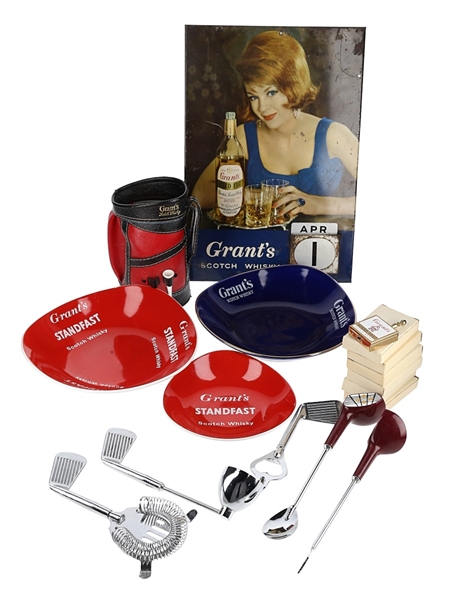 Assorted Grant's Memorabilia Calendar Sign, Bowls, Golf Bartender Set, Miniature Boxes 