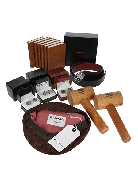 Assorted Monkey Shoulder Memorabilia Flat Cap, Cufflinks, Belt, Notepads & Hammers 