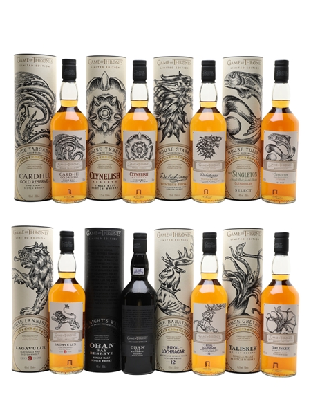 Game Of Thrones Whiskies Set Cardhu, Clynelish, Dalwhinnie, Glendullan, Lagavulin, Oban, Royal Lochnagar & Talisker 8 x 70cl